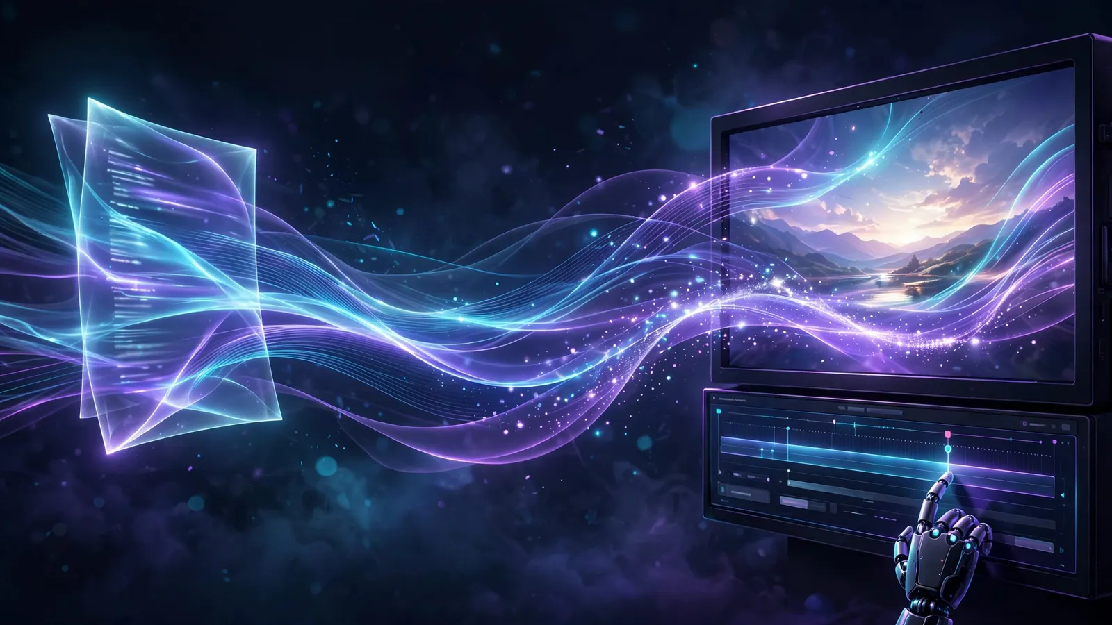 Editorial illustration: a glowing HTML document on the left flowing as light into a finished video frame on a screen, a robot hand adjusting a timeline beneath it