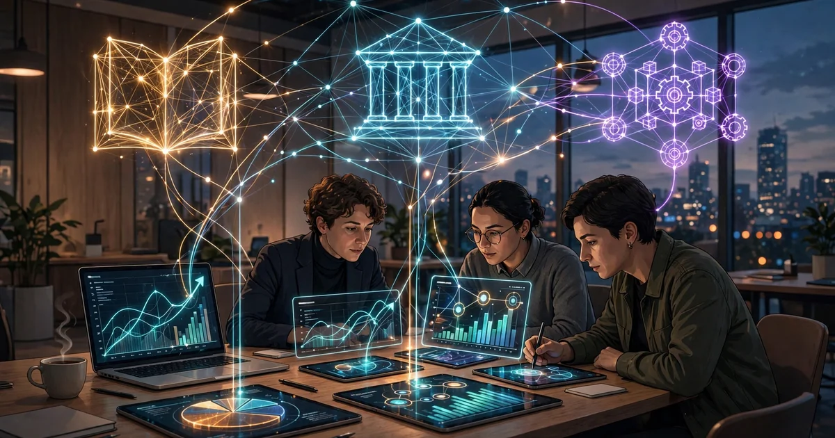 A finance team reviewing glowing dashboards while agent workflows connect ledgers, banks and ERP systems