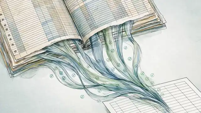 A finance ledger transforming into streams of verified transactions converging into a clean balance sheet