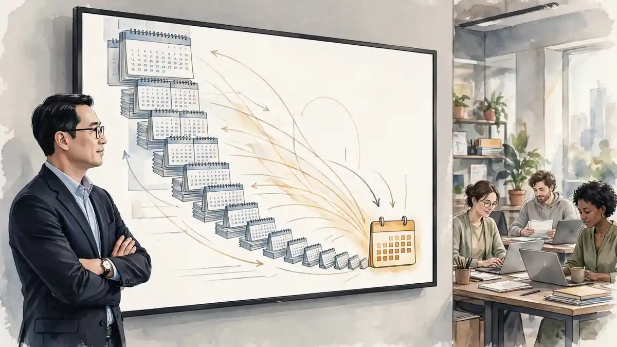 A chief financial officer beside a wall display showing a month-end close collapsing from a long calendar into a single day