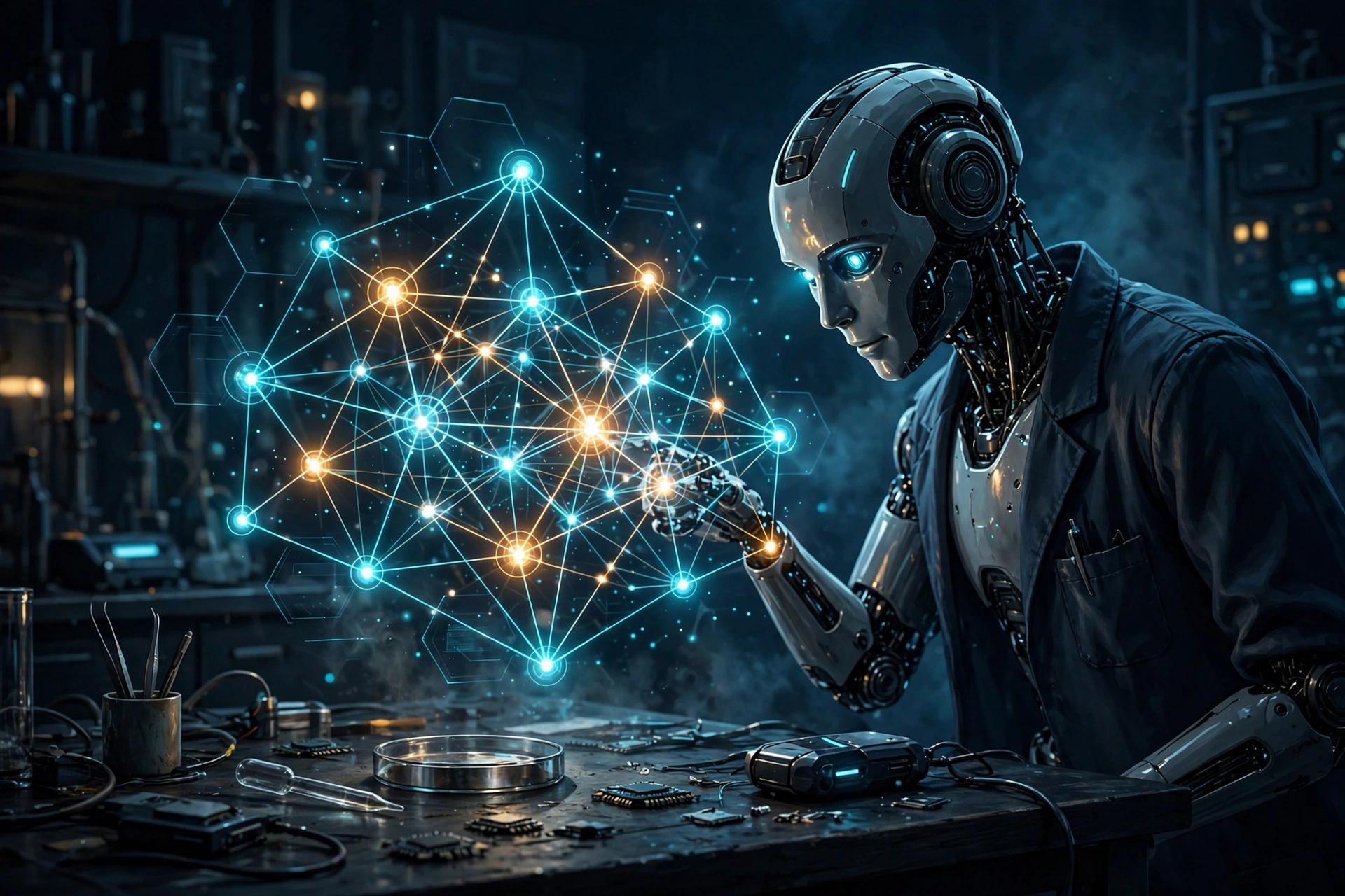 AI-generated editorial illustration: a robot scientist examining a glowing holographic network of hypothesis nodes connected by evidence links above a dark laboratory bench