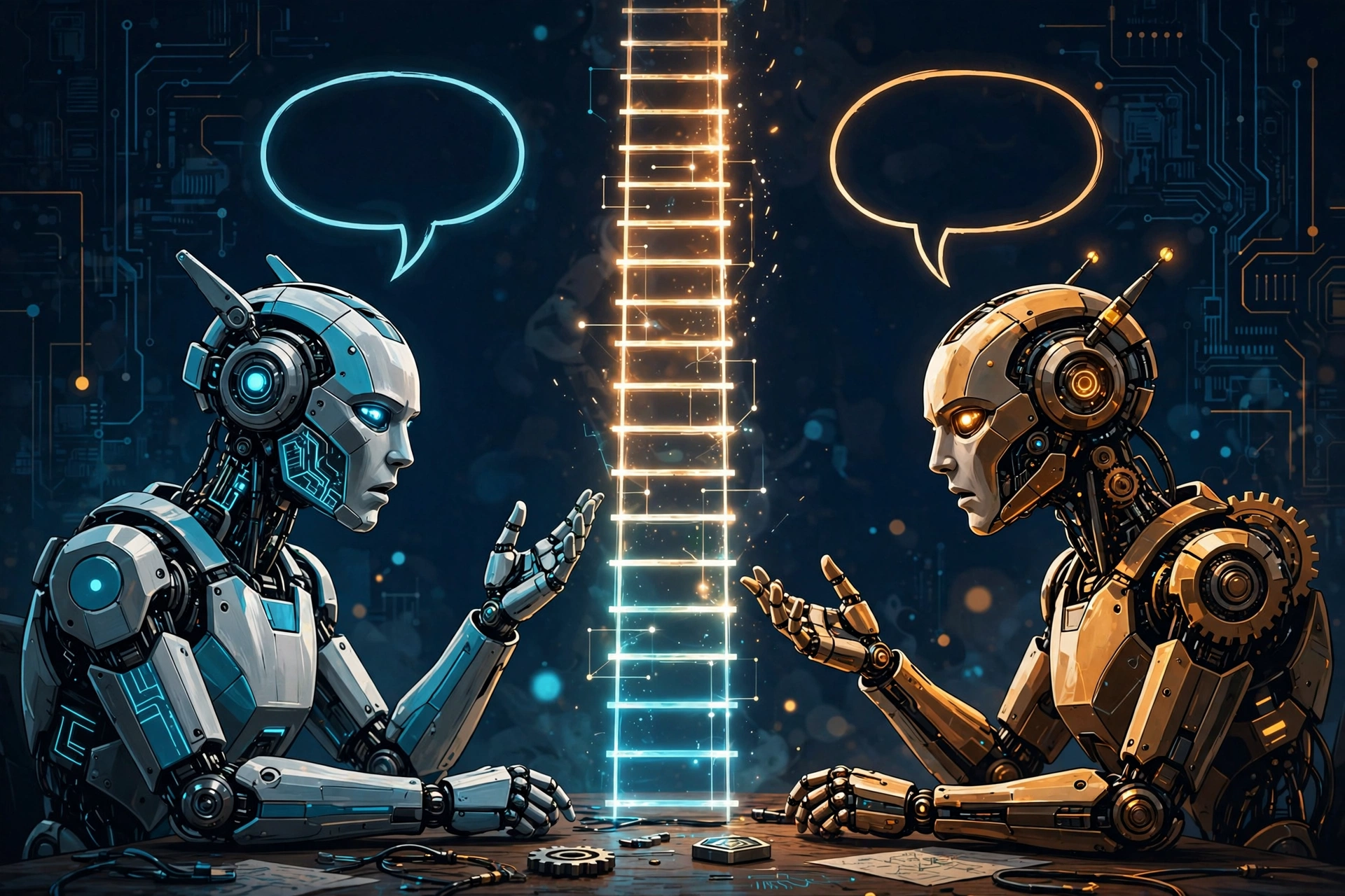 AI-generated editorial illustration: two AI robot agents debating with speech bubbles, a glowing Elo rating ladder ascending between them