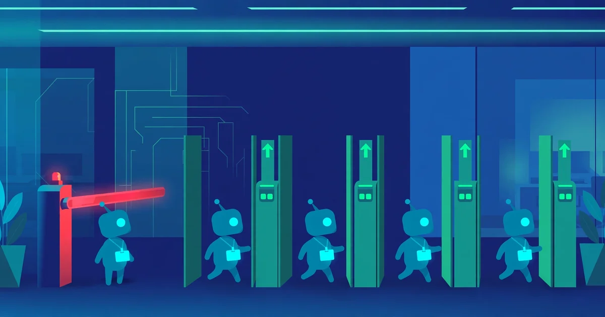 AI agent figures with glowing ID badges passing through a security checkpoint gate
