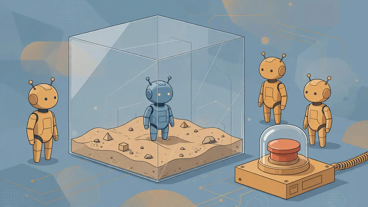 A single AI agent figure inside a transparent glass sandbox cube, separated from other agents, with a kill switch nearby