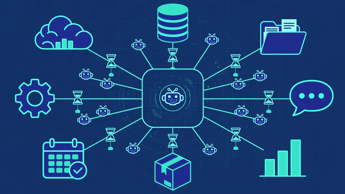 A dashboard map showing many small AI agent icons connected to different cloud platforms, with expiring key tokens beside each connection