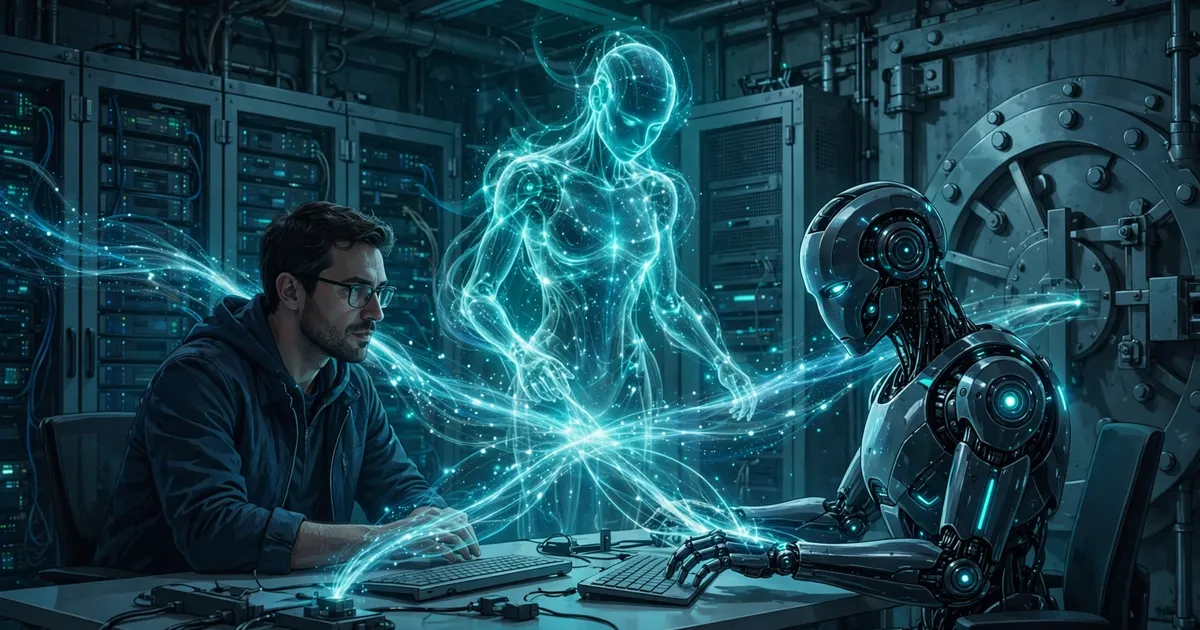 A glowing AI coding assistant working inside a vault-like server room, code streams flowing between developer and robot