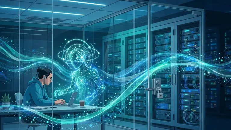 A developer pair-programming with a glowing AI copilot inside a private on-premises server room