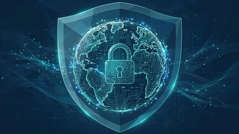A globe of data streams protected by a shield and padlock, representing data sovereignty