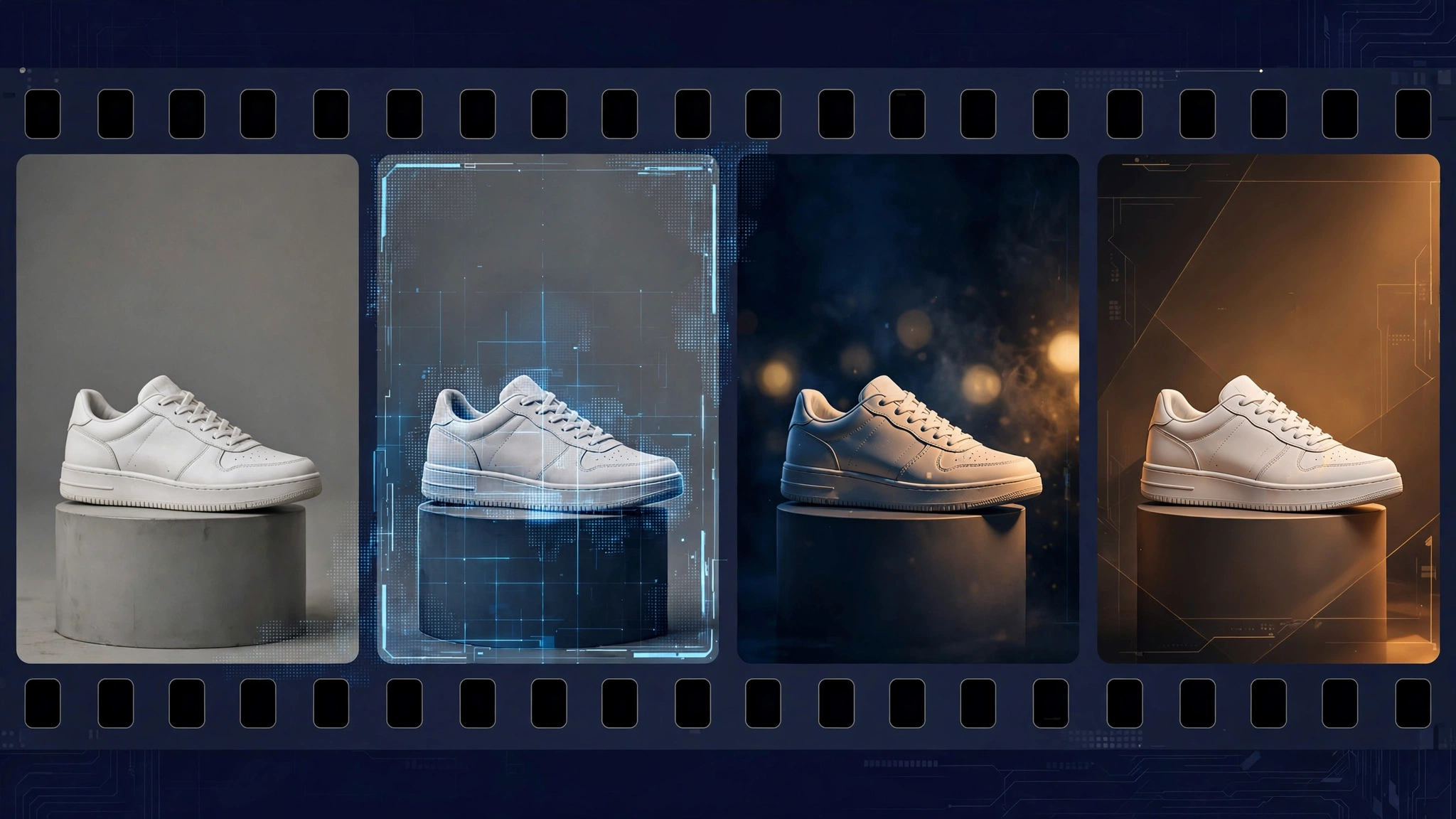 Editorial illustration of an AI image editor revising a product photo across multiple editing stages