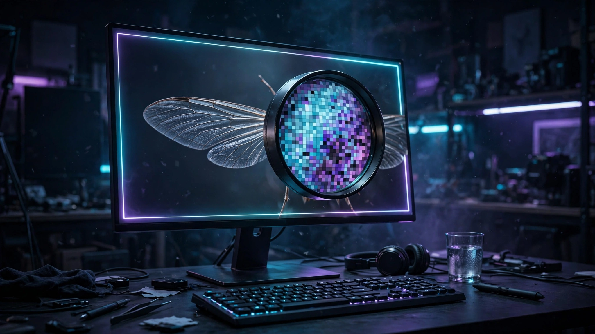 Editorial illustration of a designer inspecting a high-resolution image crop through a magnifier