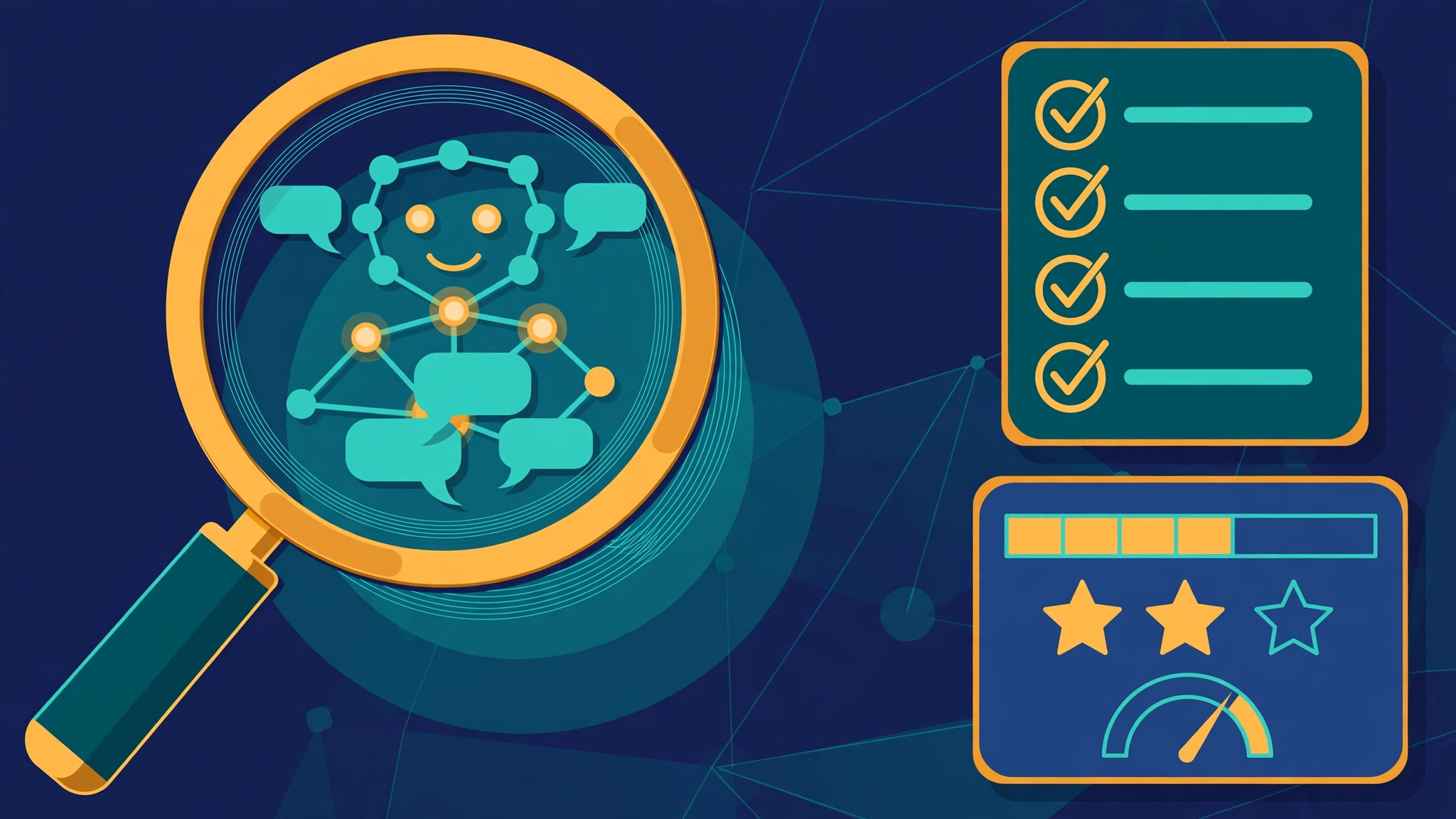 A magnifying glass inspecting a stylized AI agent made of connected nodes and chat bubbles, beside a checklist and a graded scorecard
