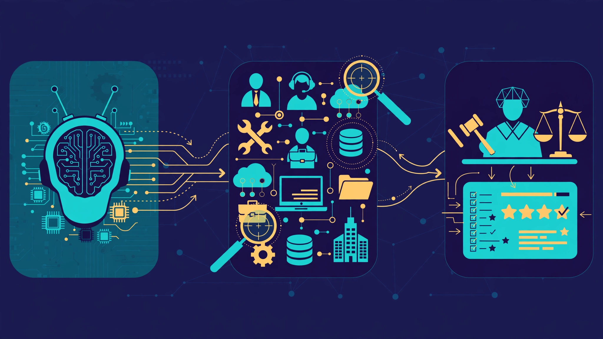 An AI agent on the left sending requests through a simulated business of roles, tools and accounts in the middle, with an independent judge on the right producing a scorecard