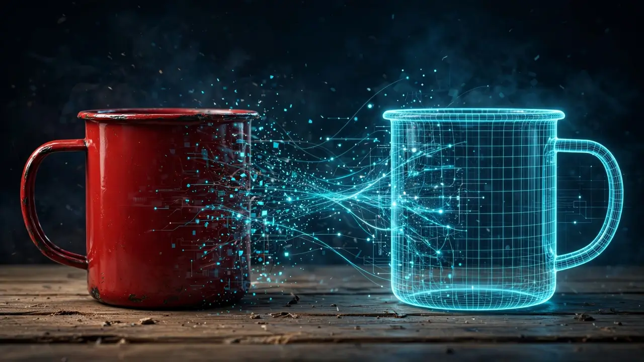 A red enamel mug on a wooden table dissolving into a glowing cyan wireframe 3D model of the same mug