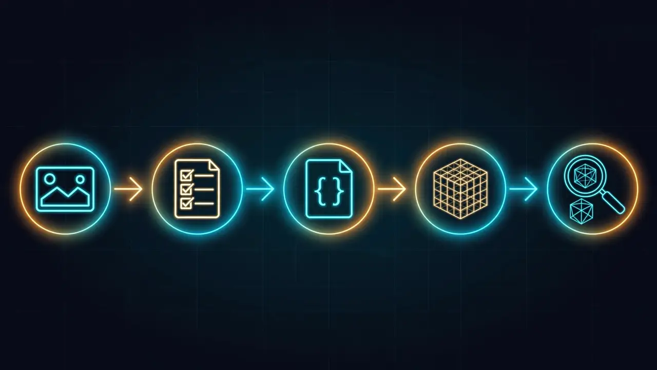 Glowing diagram of the five-stage pipeline: photo, checklist, code file, 3D wireframe, and review magnifier
