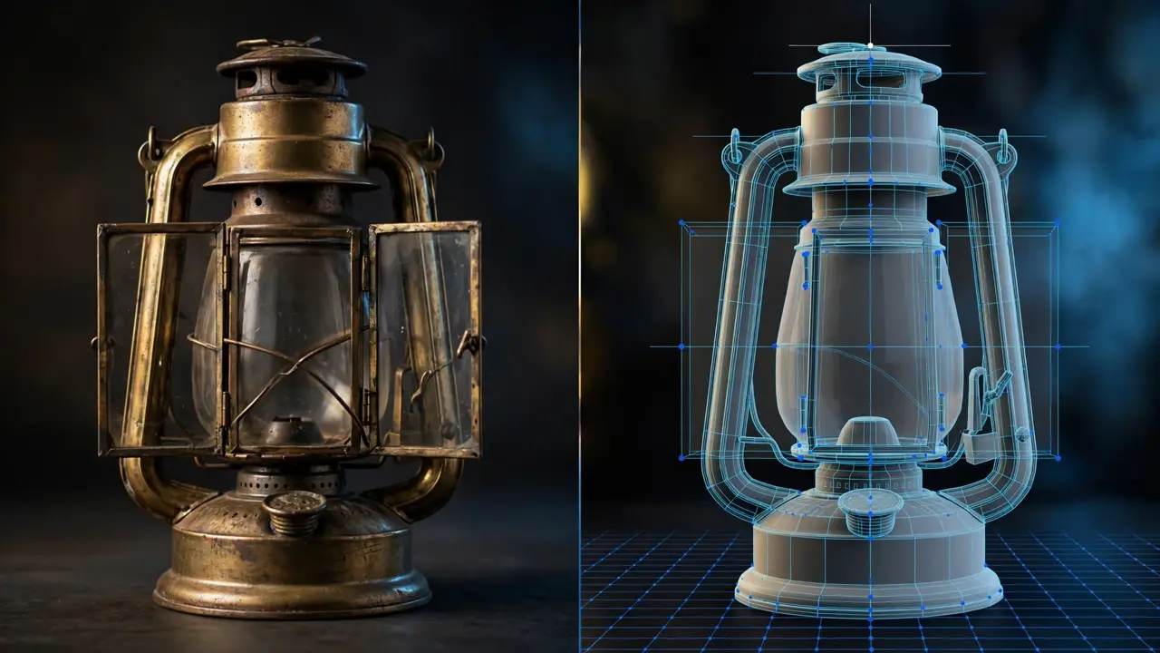 Split view of a brass lantern photograph beside its procedural 3D wireframe reconstruction
