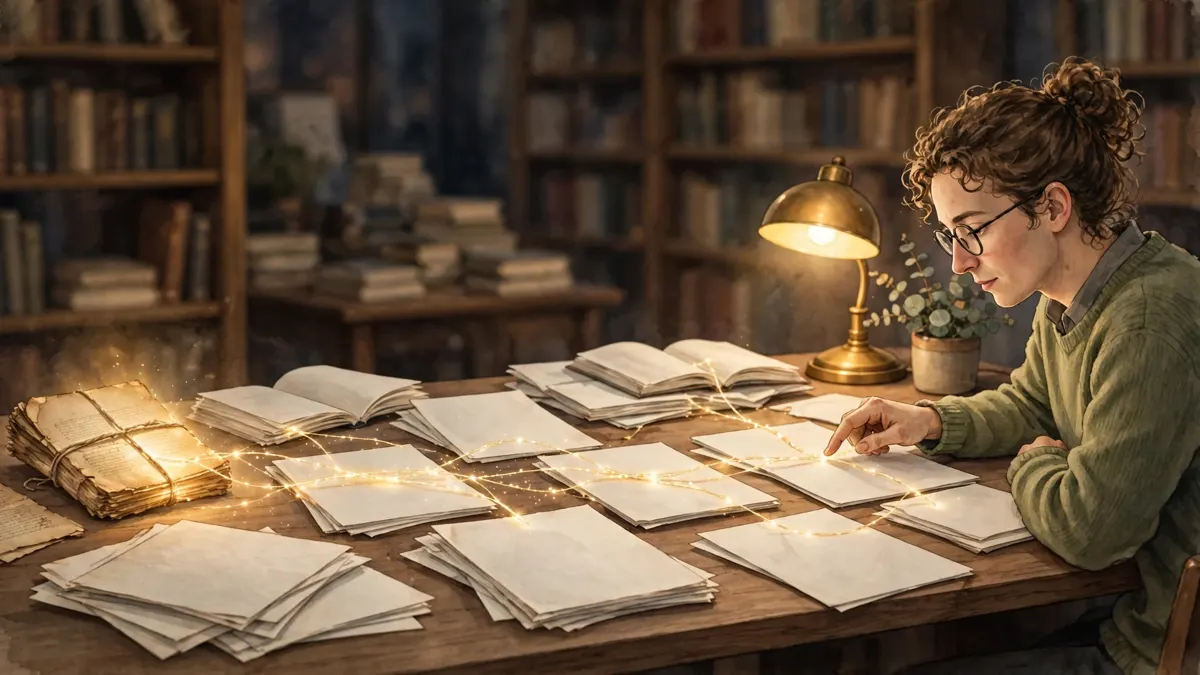 A researcher tracing glowing citation threads between papers on a desk back to one original source document