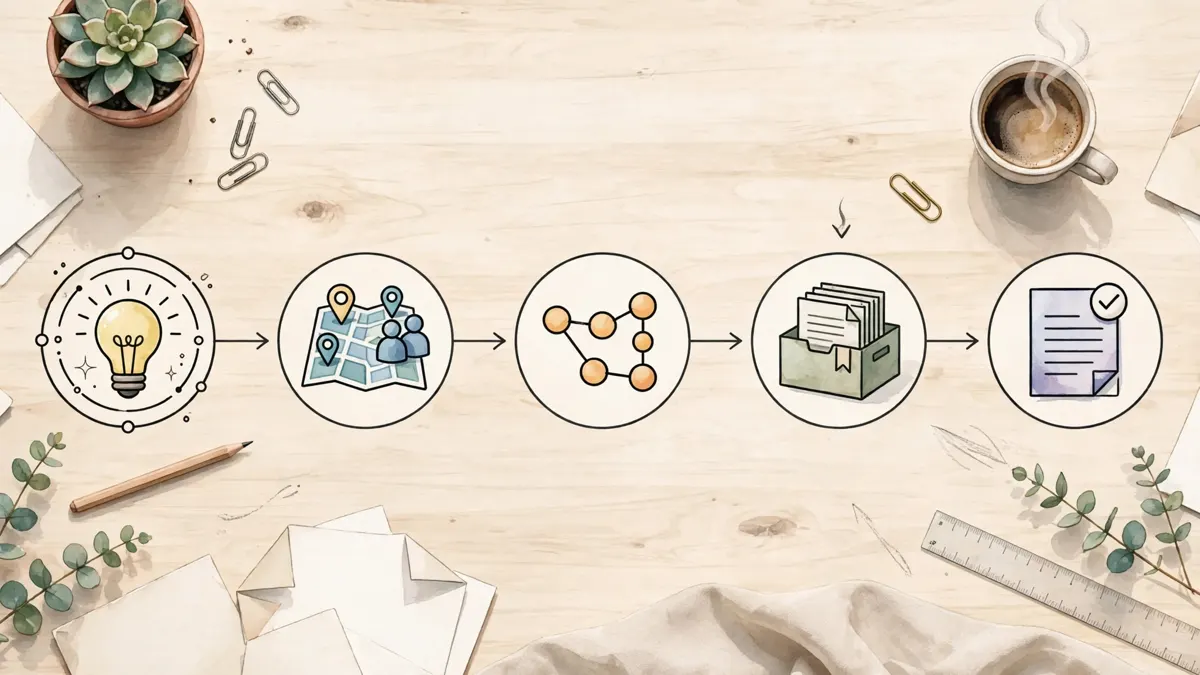 A five-step research workflow from question to map to citation links to saved sources to a verified extract page