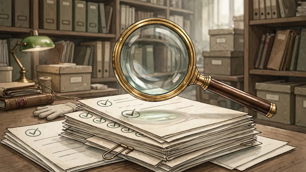 A magnifying glass over original documents marked as verified against their sources