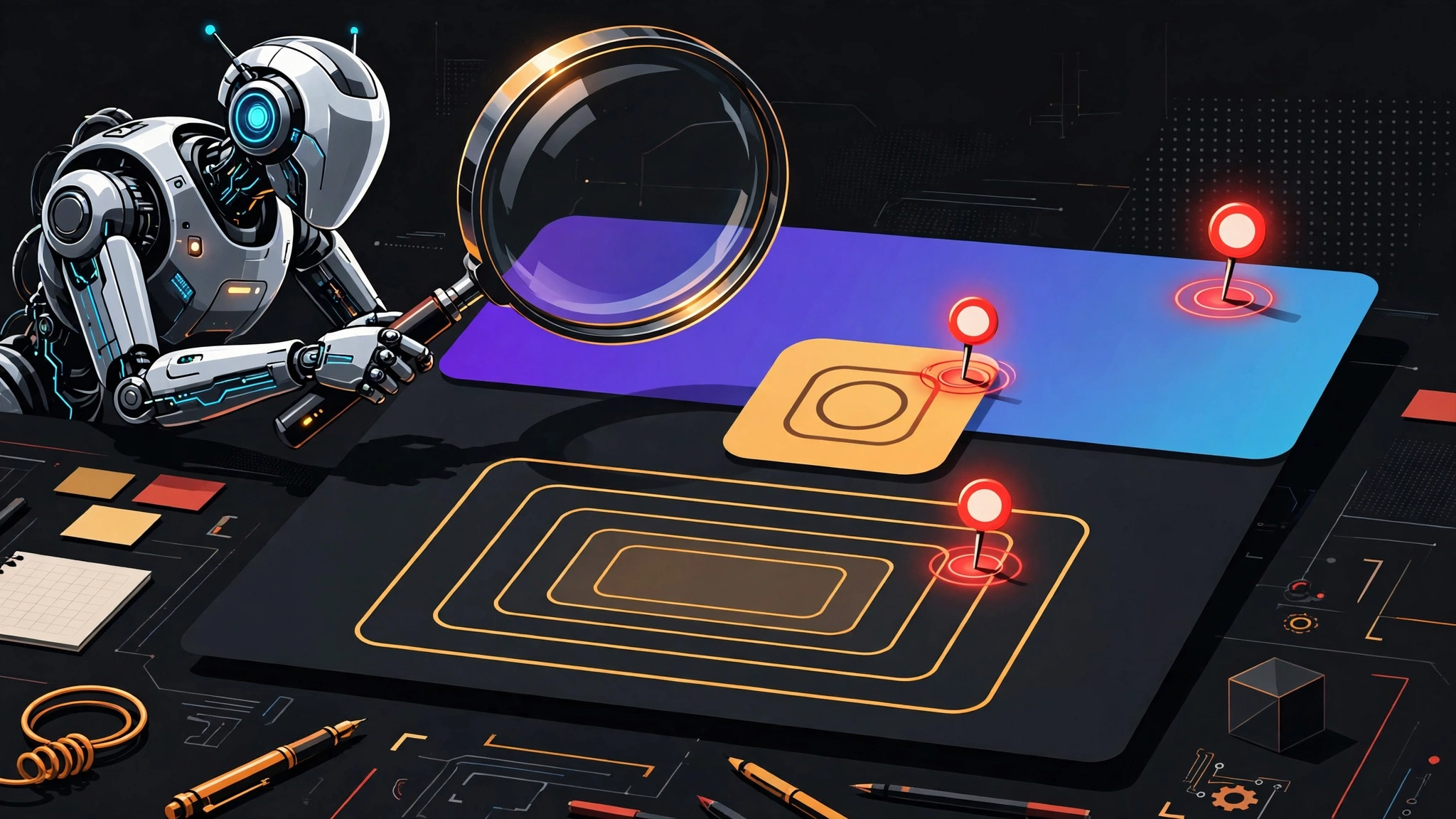 Editorial illustration: an AI coding agent inspecting a landing page with red pins marking AI-generated design flaws