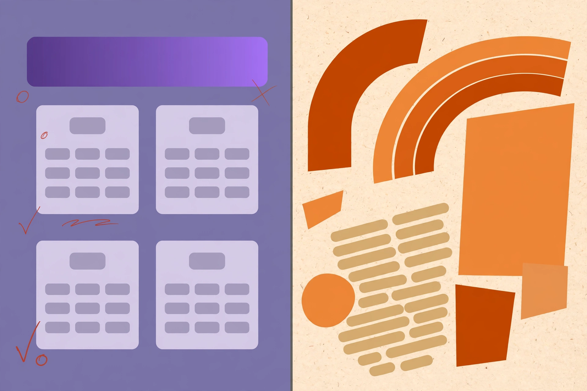 Before-and-after illustration: a generic purple-gradient card-grid landing page on the left, a distinctive warm editorial layout on the right