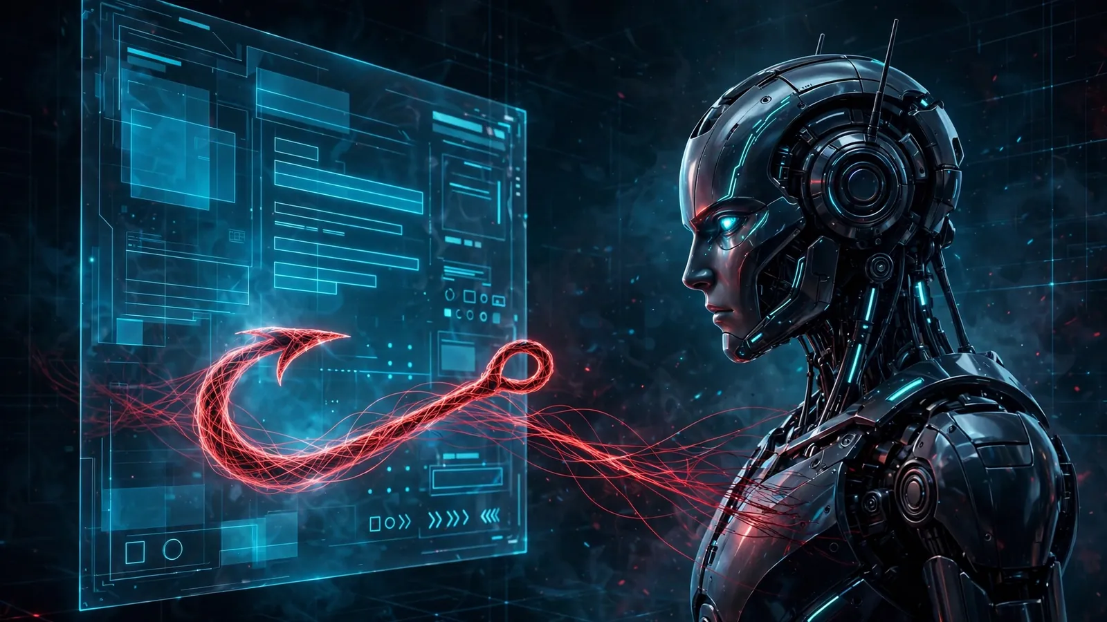 AI-generated editorial illustration: a robot assistant reading a glowing web page with a hidden red fishhook of code reaching toward it