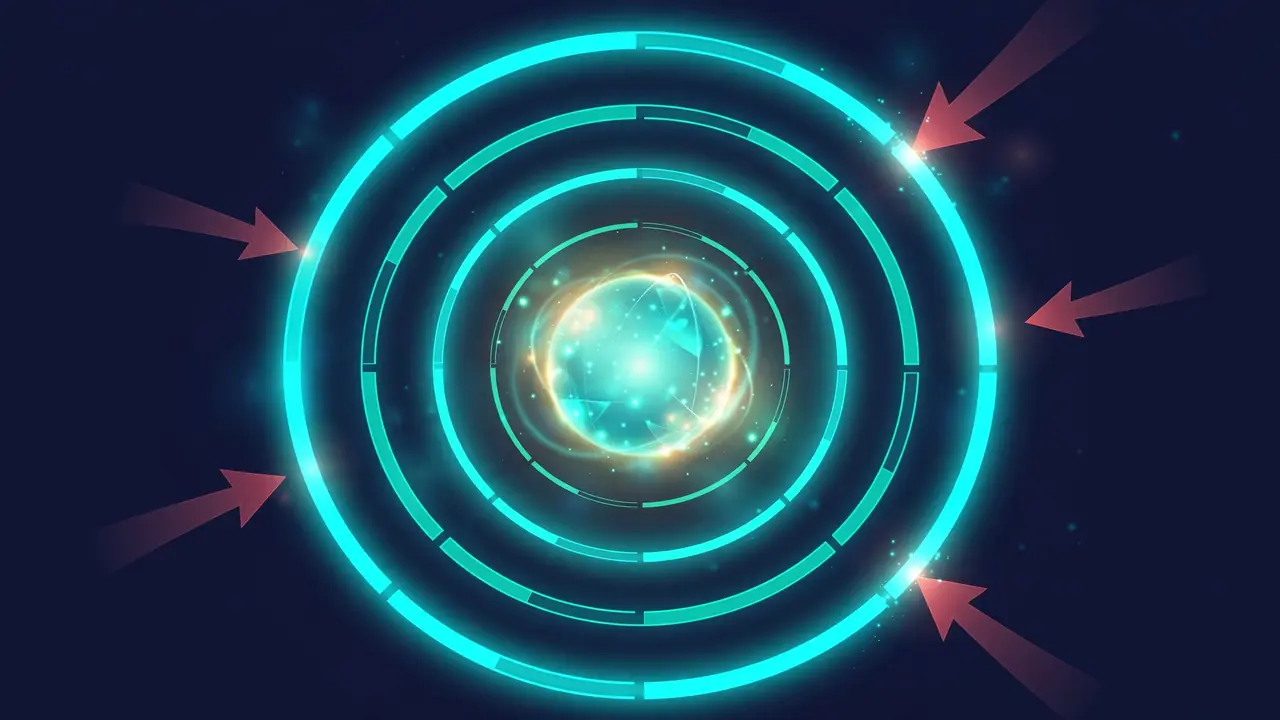 AI-generated abstract diagram: four concentric glowing shield rings around a bright secure core, with red threat arrows bouncing off the outer ring