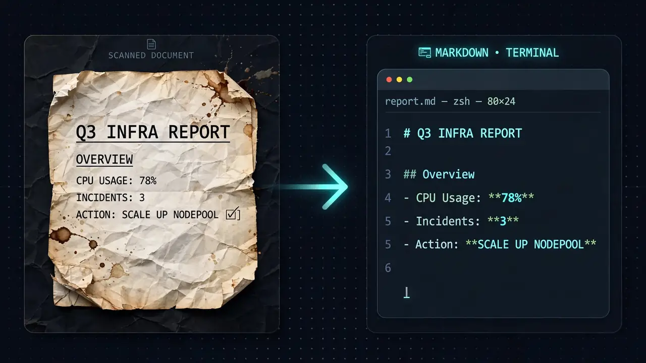 Split screen: a crumpled, coffee-stained scanned document turning into clean glowing markdown code in a dark terminal