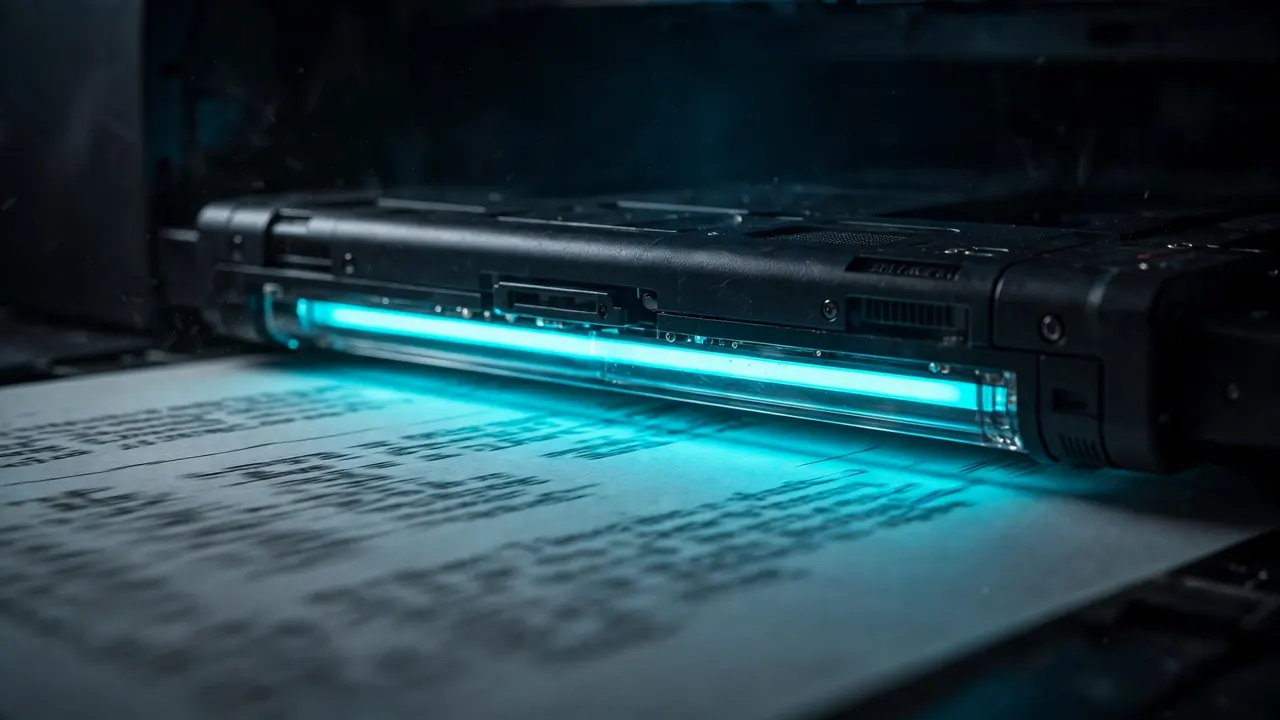 Close-up of a document scanner light bar gliding over a page, glowing cyan