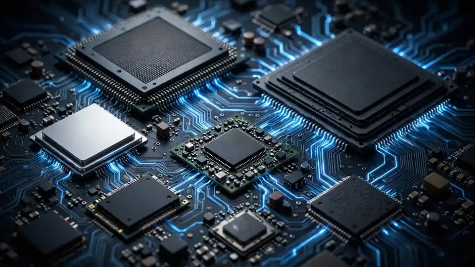 Different computer chips from several manufacturers arranged on a circuit board with glowing traces