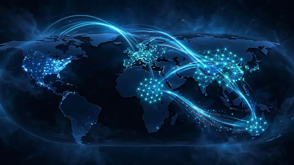 Streams of light connecting compute clusters across a dark globe