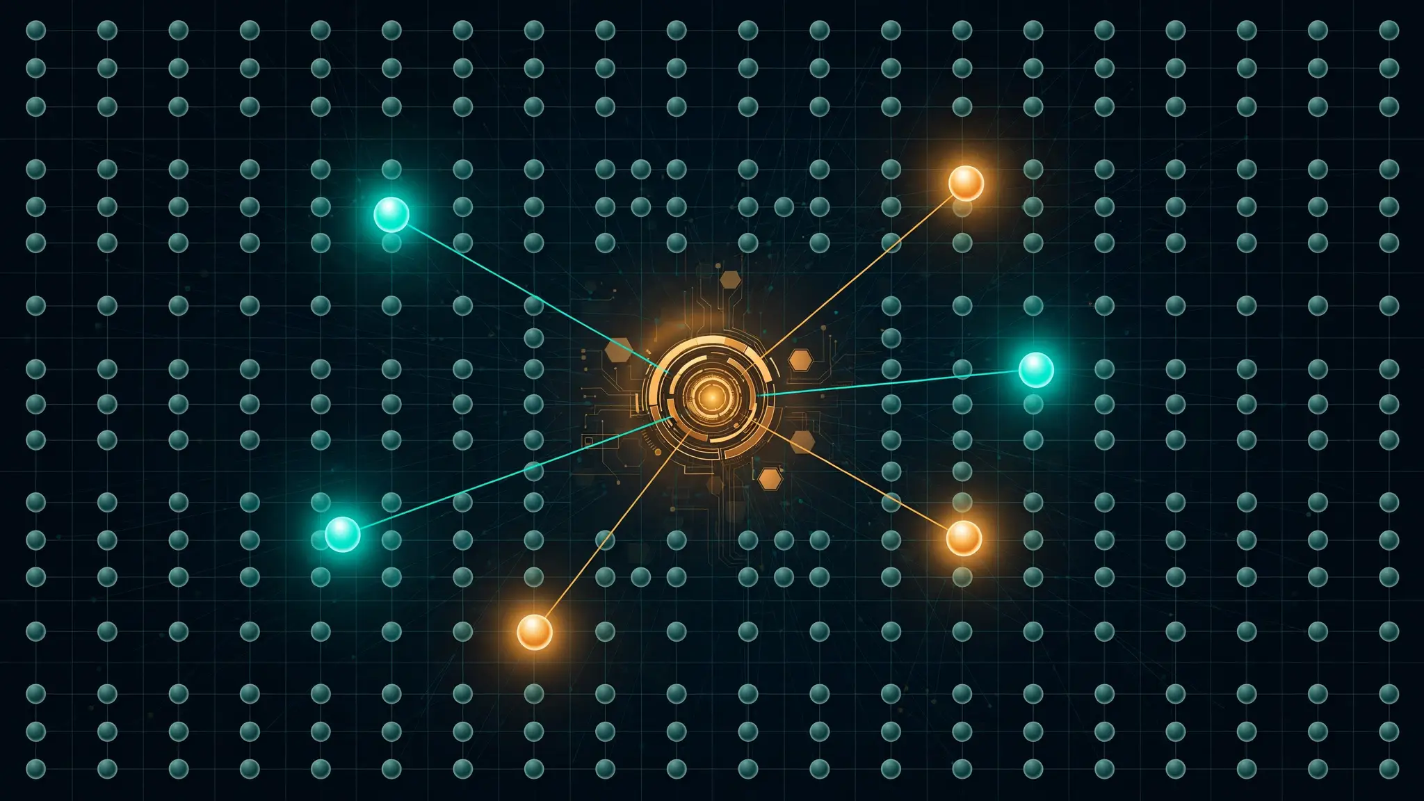 A field of small dormant agent orbs with a few bright awake ones connected to a central hub