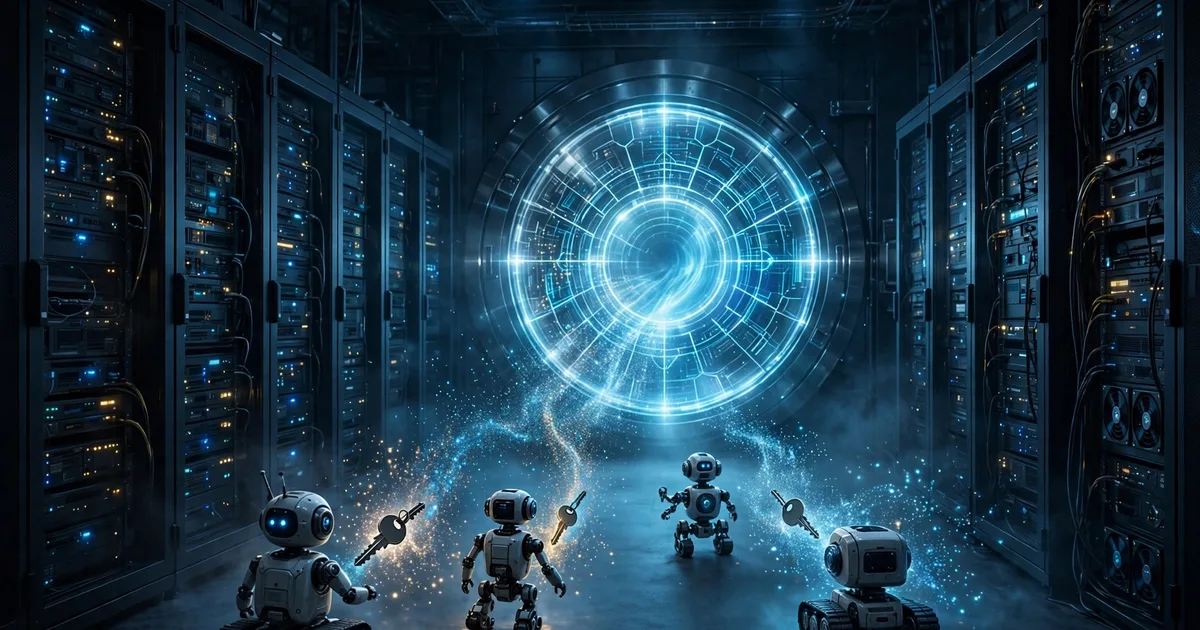 A glowing digital vault in a server room, with AI agent figures approaching as their keys dissolve into light