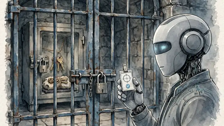 An AI agent at a locked gate holding a small permission badge while keys stay locked in a vault