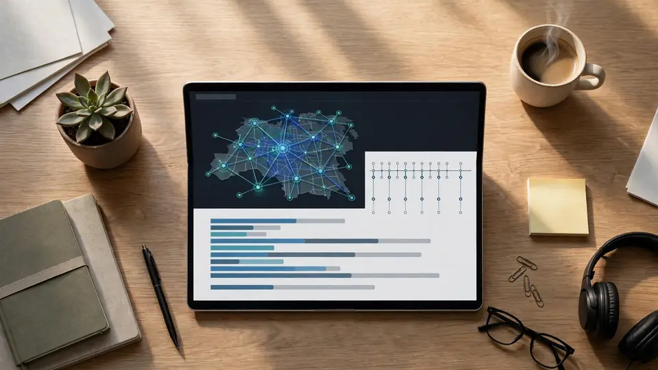 Overhead view of a logistics manager's desk with a single dashboard screen showing a consolidated supply chain view.