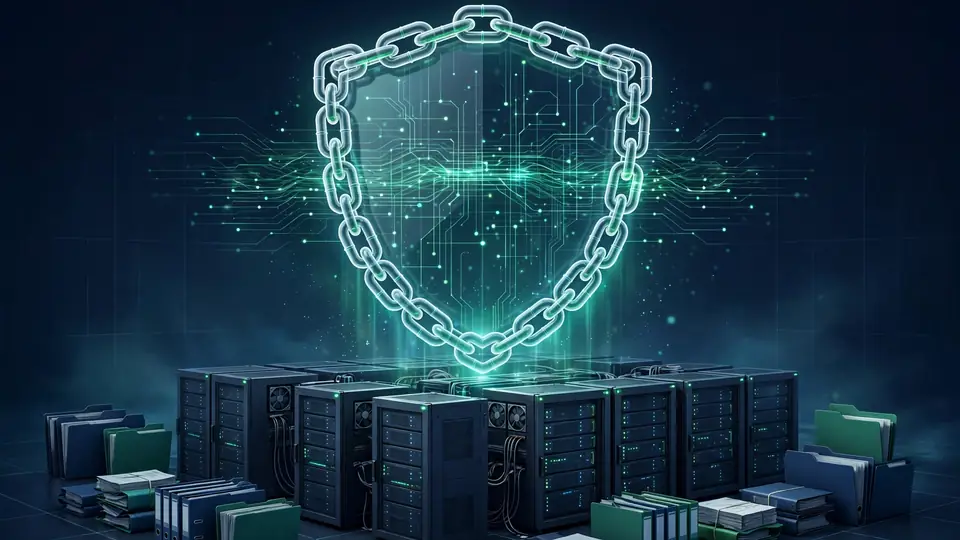 A translucent shield of interlocking chain links and glowing ledger lines hovering protectively over server racks.