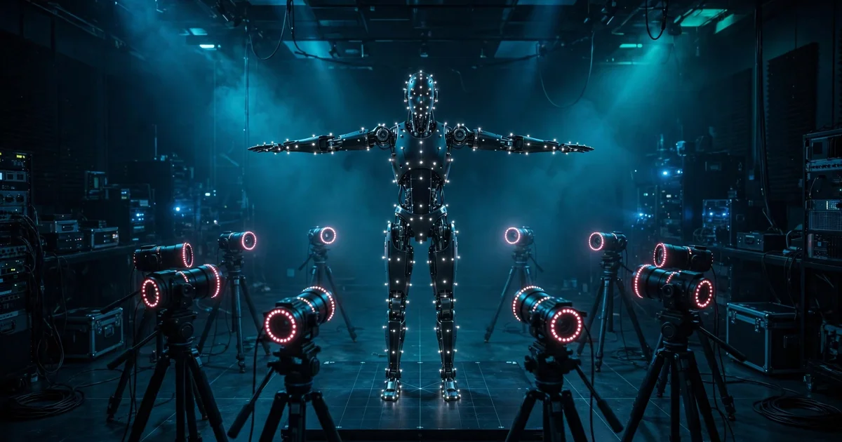 Editorial illustration: a humanoid robot in a motion-capture laboratory surrounded by optical tracking cameras