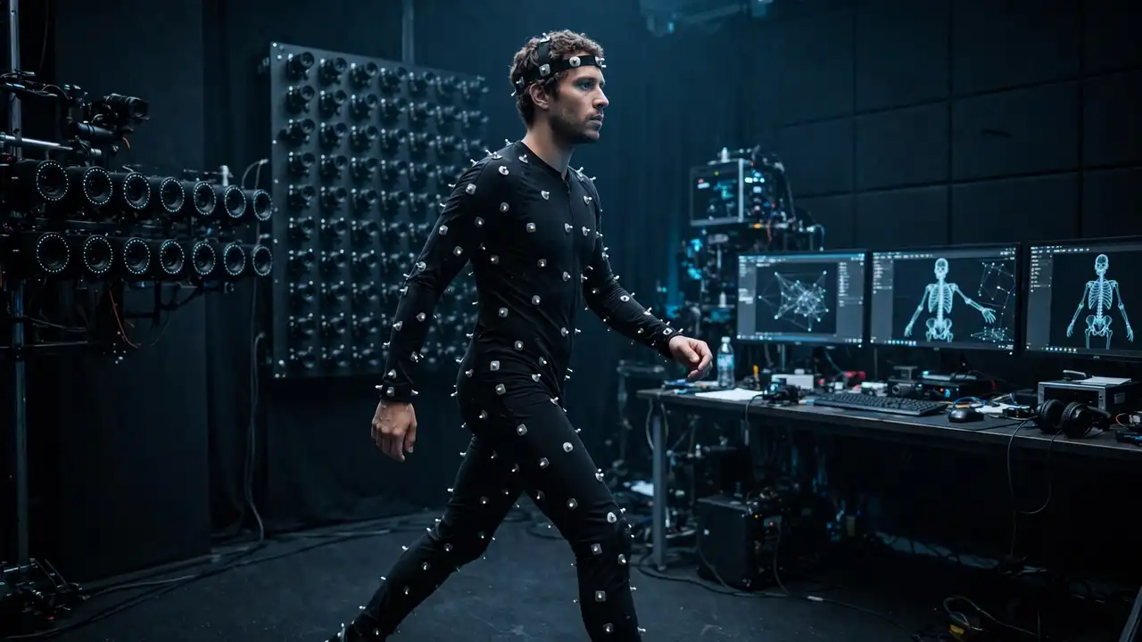 Editorial illustration: a performer in a motion-capture suit with tracking markers walking in a mocap volume