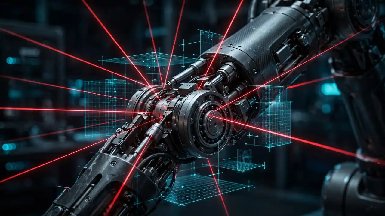 Editorial illustration: a humanoid robot’s arm tracked by motion-capture beams with sub-millimeter measurement overlays