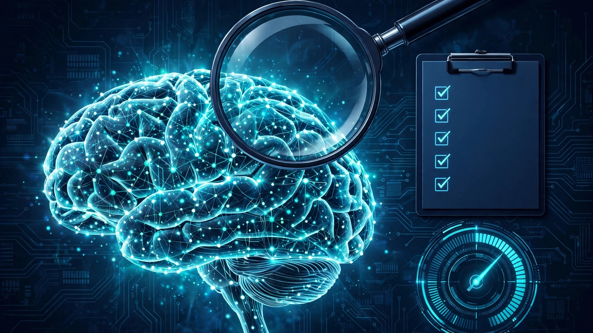 Editorial illustration: a glowing neural-network brain examined under a giant magnifying glass, beside a checklist and a score gauge