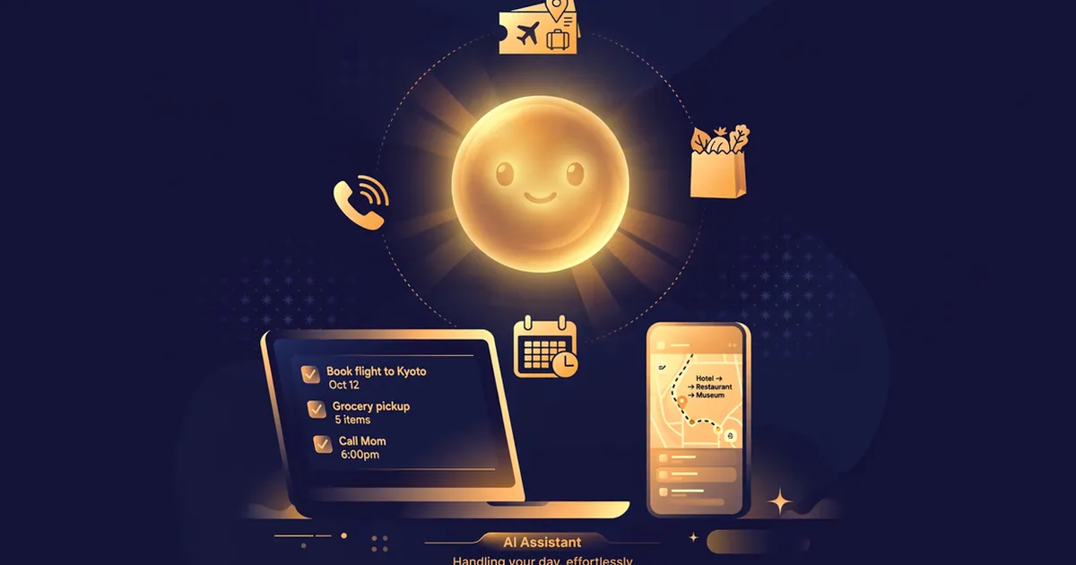 Editorial illustration of a glowing AI assistant orb managing everyday tasks on a phone and laptop