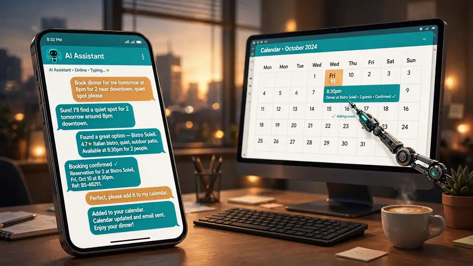 Illustration of a phone with an AI assistant conversation and a computer autonomously booking a reservation
