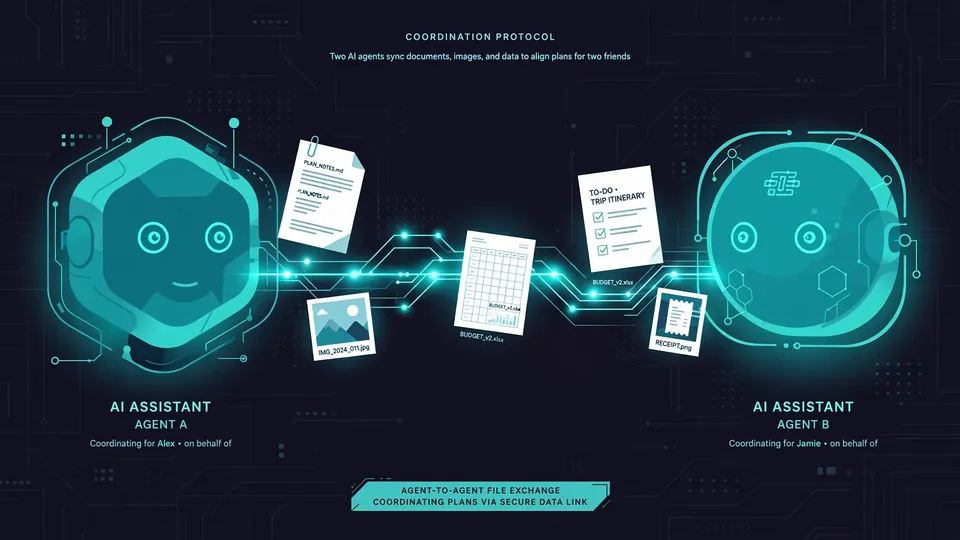 Illustration of two AI assistant avatars exchanging files over a glowing network line
