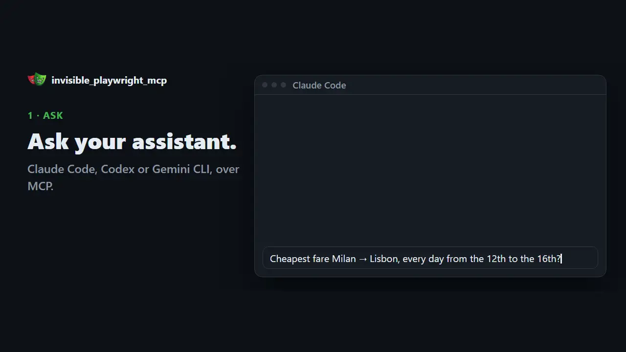 Project walkthrough: ask your assistant in Claude Code, Codex, or Gemini CLI over MCP and it drives a stealth Firefox