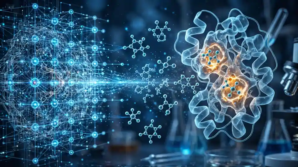 Illustration of a neural network generating candidate drug molecules against a protein target structure.
