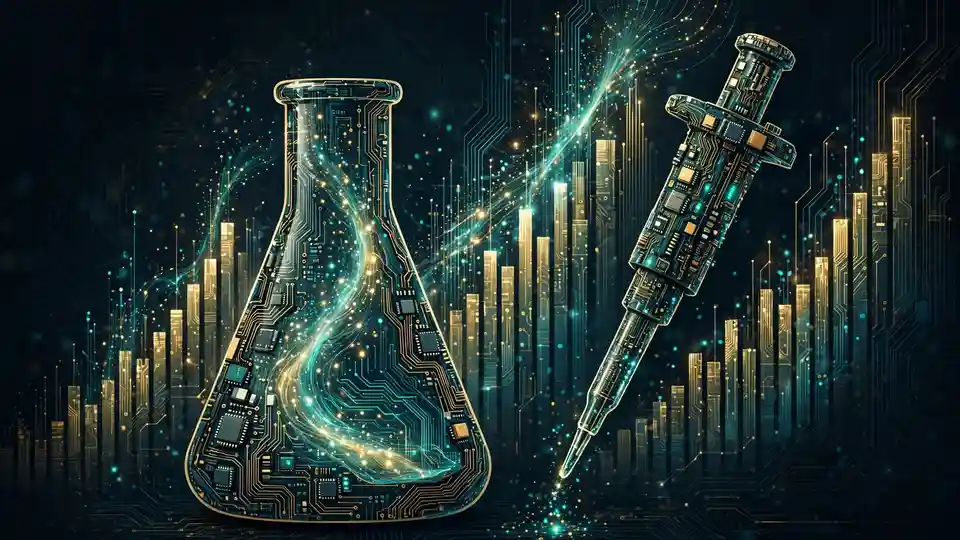 Illustration of a digital laboratory flask with rising capital-flow charts, representing the $40 billion funding talks.