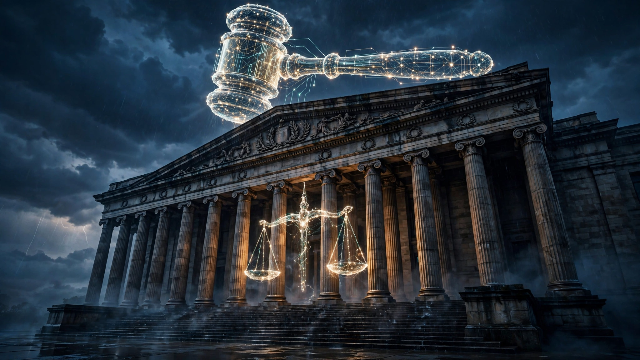 Editorial illustration: a neoclassical courthouse beneath storm clouds, with a glowing judge's gavel and scales of justice woven from neural-network light.