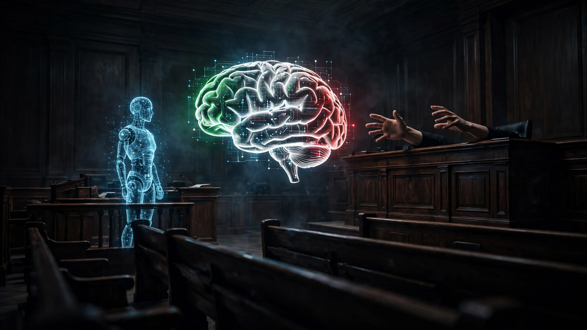 Editorial illustration: a holographic AI figure and a glowing brain in a dark courtroom, facing a judge's bench.