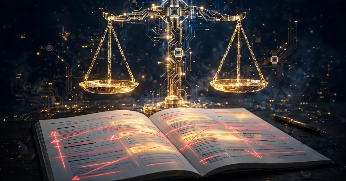 Editorial illustration: an open contract with glowing redlined edits and a circuit-pattern scale of justice behind it