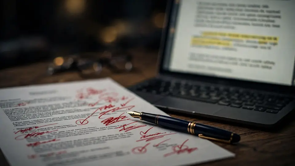 Editorial illustration: a fountain pen marking up a printed contract beside a laptop showing legal text