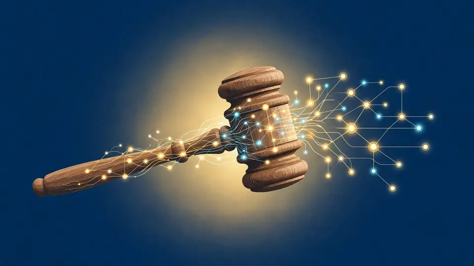 Editorial illustration: a gavel fused with a glowing neural-network pattern